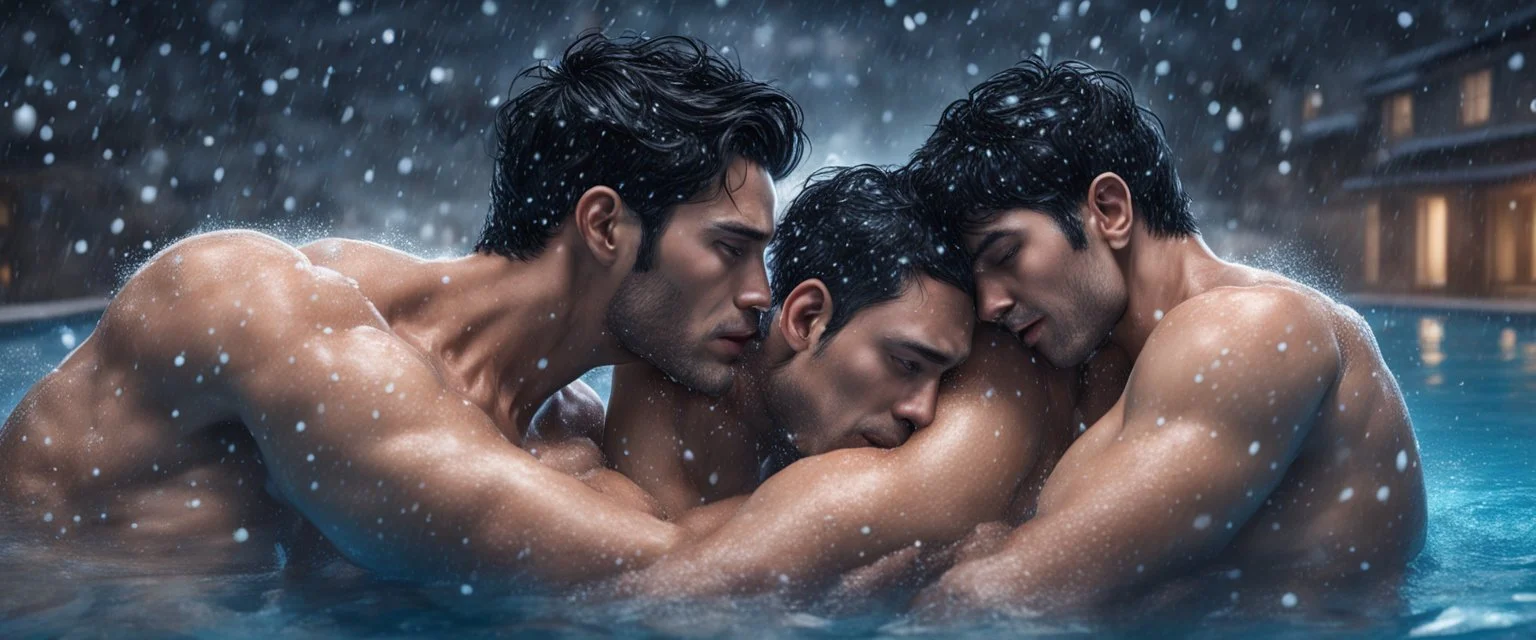 hyper realistic 2 shirtless muscular handsome short black hair men hugging in a swimming pool at snowfall night