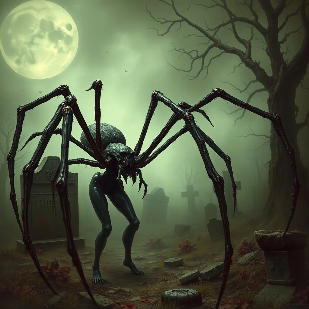 female eldritch spider horror, intricately detailed, graveyard background, hauntingly beautiful, horrific, ethereal