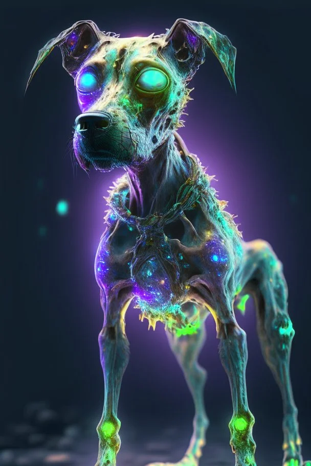 Zombie dog humanoid alien fused ,extremely detailed,crystal clear, mystical colors ,perfectly centered image, perfect composition, rim light, beautiful lighting, 8k, stunning scene, raytracing