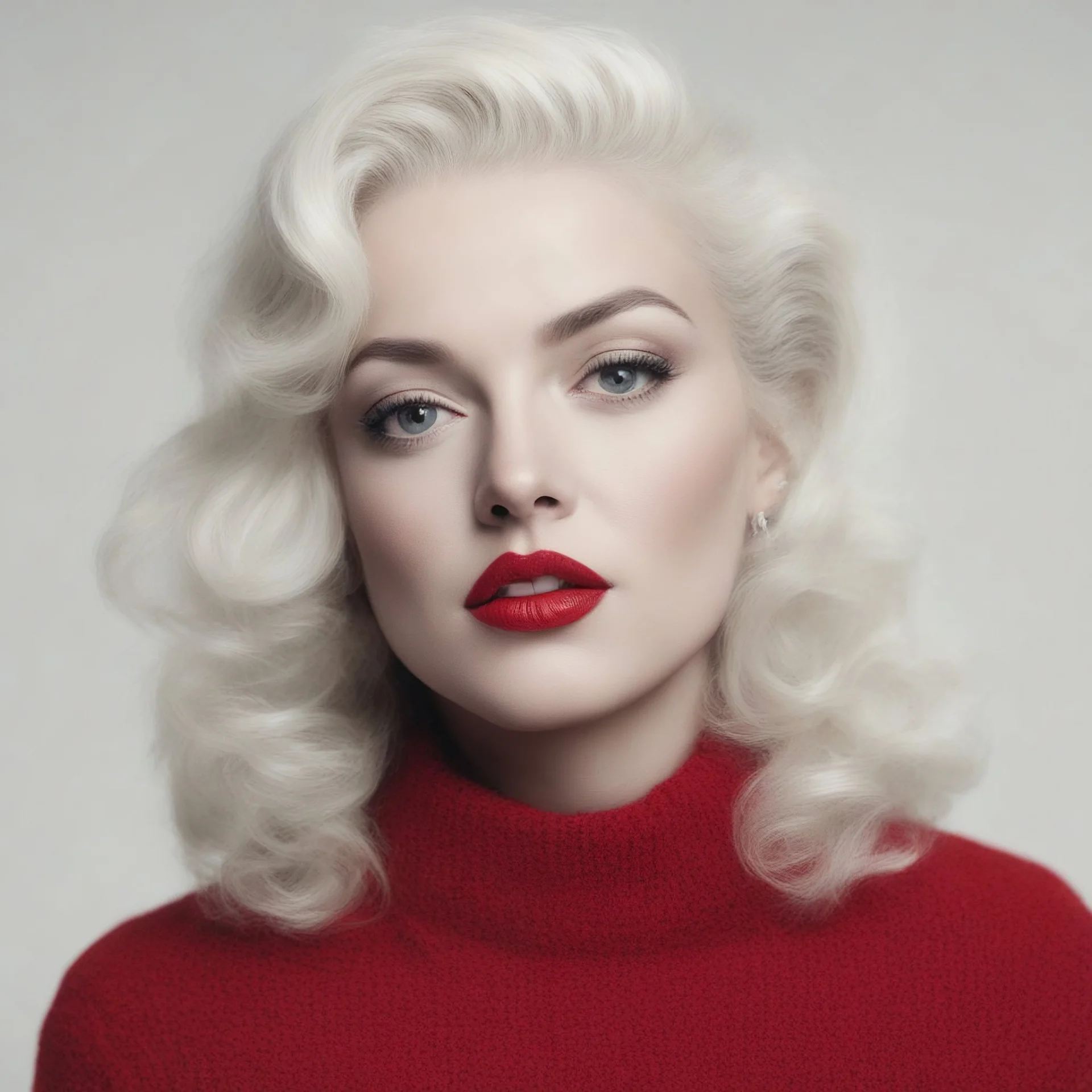 Billie eillish asmarilyn monroe, in a red woollen sweater, white bacground