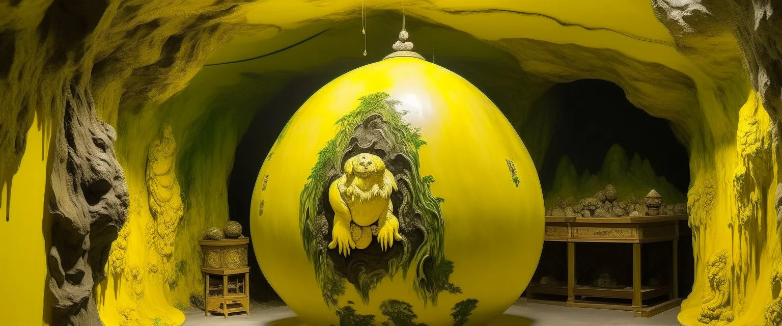 A yellow cave with a round electrical yeti designed in ancient Greek pottery painted by Zhang Lu