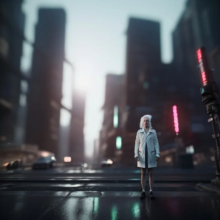 A wide-angle shot of a young, white-haired attractive woman standing on a sidewalk in a cyberpunk city, looking at the camera. High-resolution