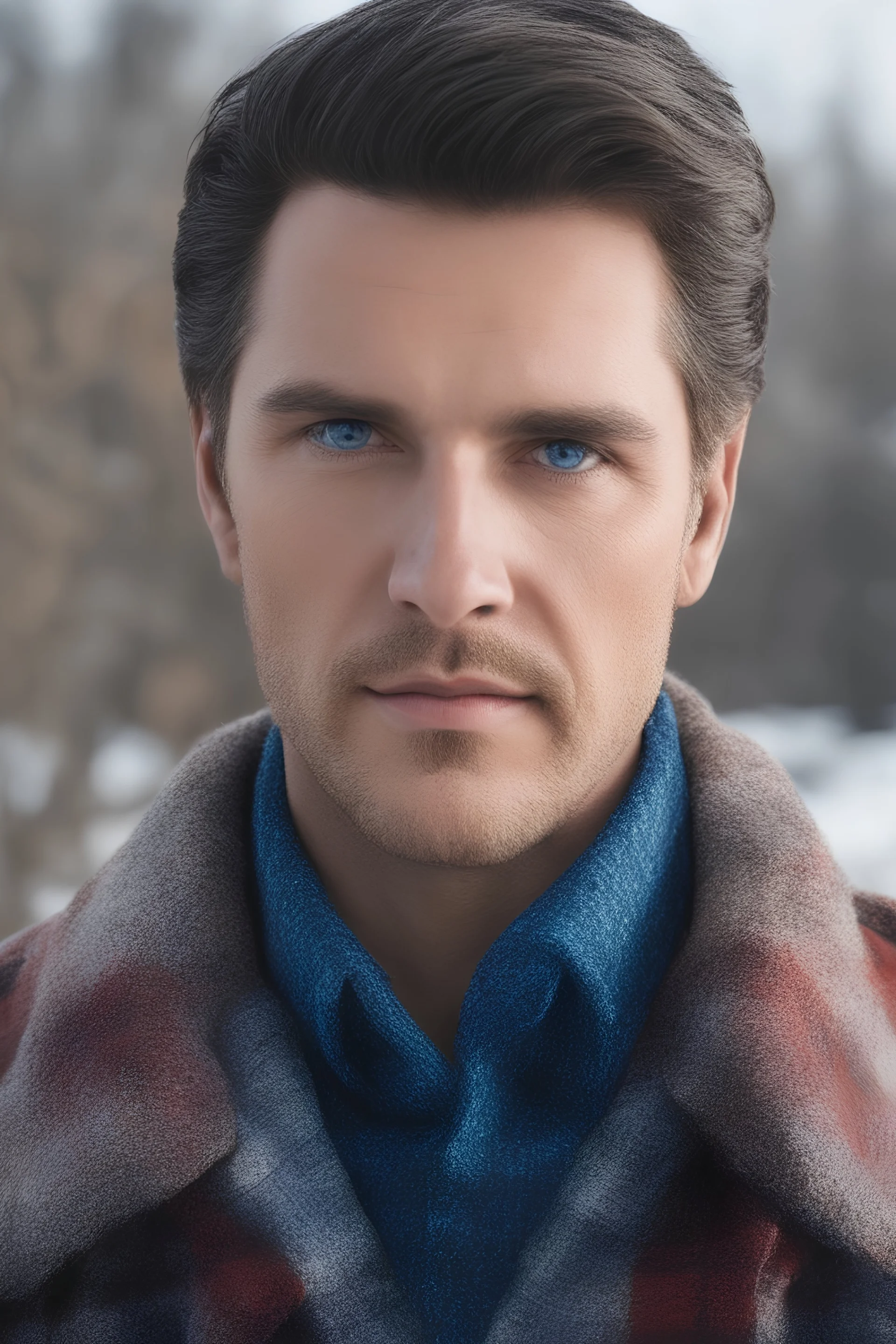 Blue eyes, close-up facial portrait - a Bright, well-lit UHD, 1080p 32k, photograph - winter time, hunting season, part Jesus Christ, part Elvis Presley with a mustache and short crew-cut hair, part Lee Majors, Part red and black checkered wool coat, blue jeans, cowboy boots, plaid shirt, sunbursts, crosses, 3D lighting, diamonds, hearts, Butterflies, Clovers, Roses, extremely colorful,