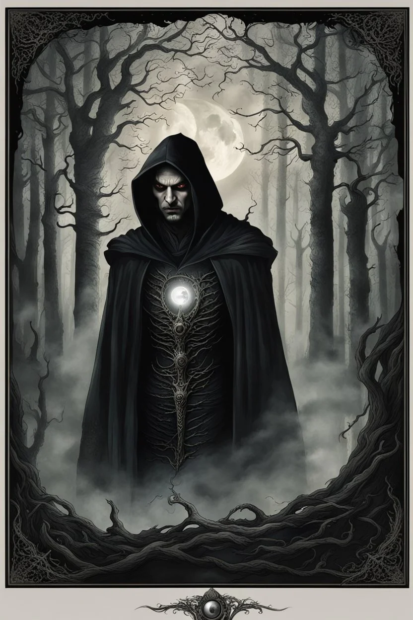 man with glowing eyes in dark hood, on his chest mystic witch medal, vampire man, black hair, dark shadows, dark fantasy, surreal, black, goth, gothic, mystic, mist, Moon, crepy stunning