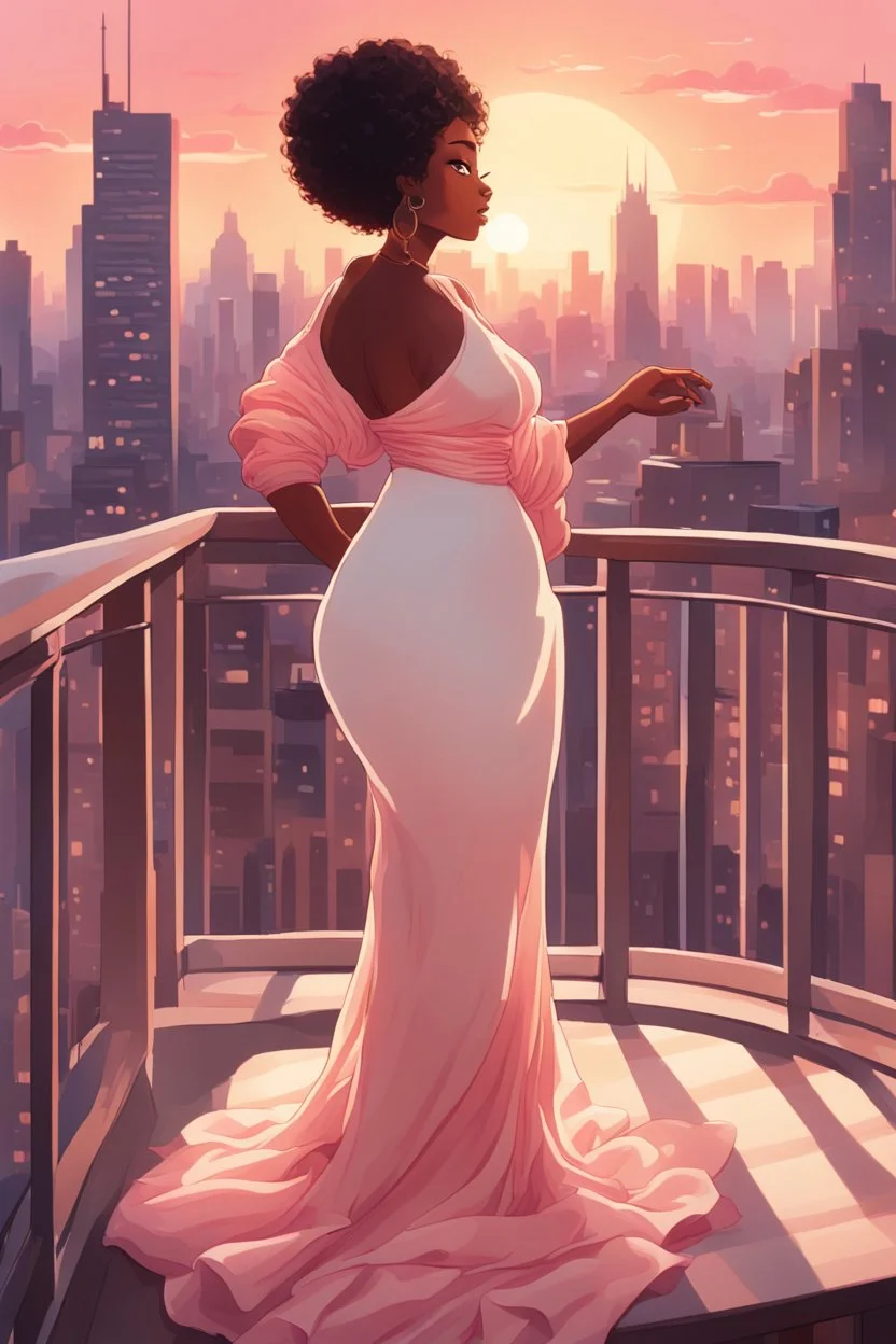 The scene opens onto a serene balcony overlooking a bustling city skyline. The sky above is painted in soft hues of orange and pink as the sun begins its descent, casting a warm glow over everything it touches. In the foreground stands a captivating figure, a chibi cartoon curvy black woman exuding confidence and elegance. She is adorned in a flowing white knit maxi dress that hugs her curves in all the right places, accentuating her silhouette. Her choice of footwear is equally stunning –