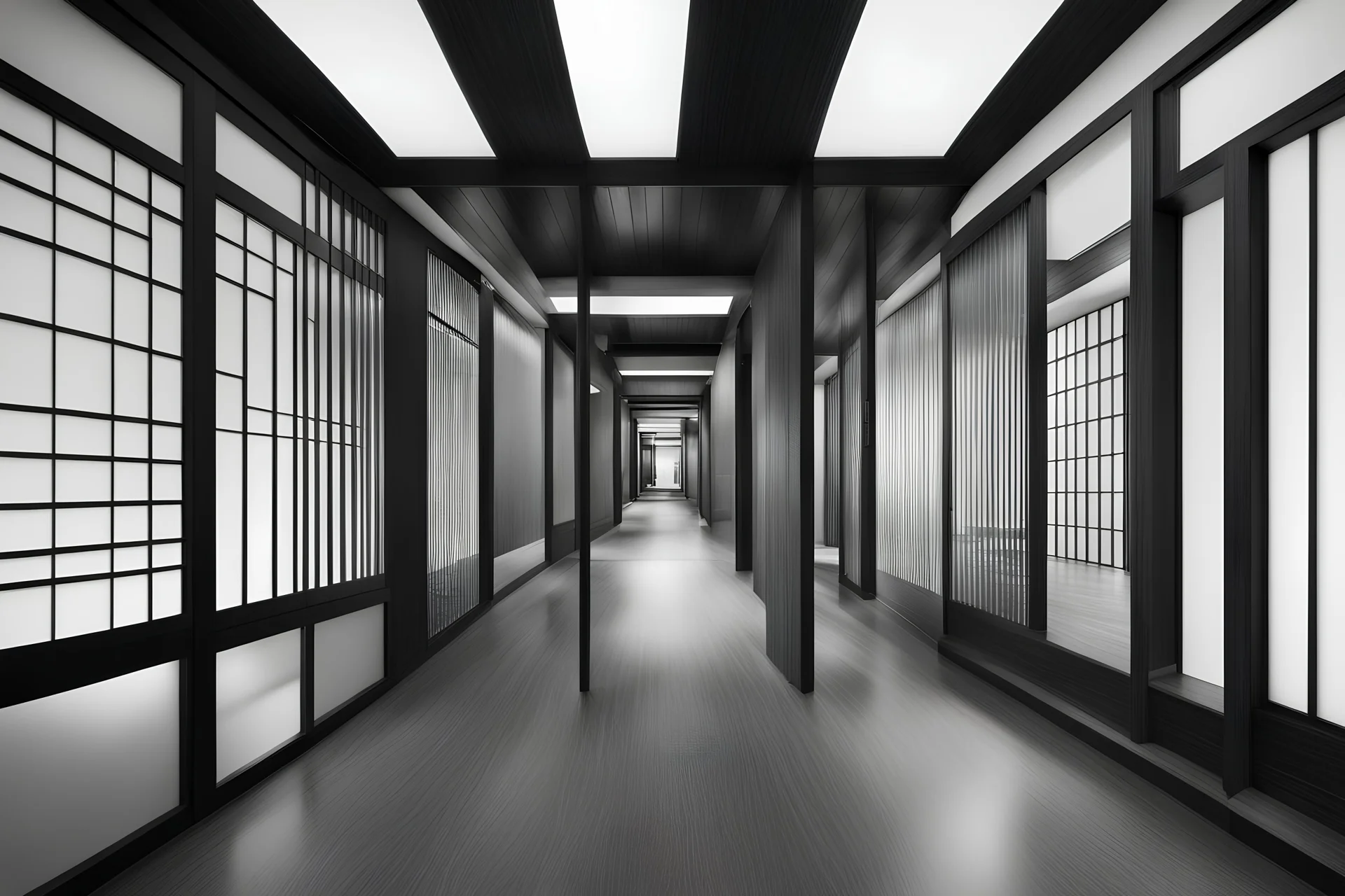 Circulation wide corridor with one side wood partition without touching ceiling and one side glass facade, Japanese style, black and white