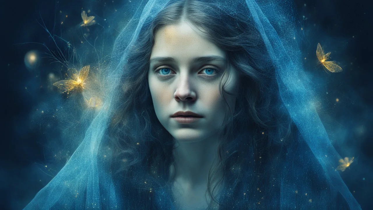 Old canvas, Portrait of a Medieval beautiful sad woman 20 years old, double exposure, fantasy, mysticism, night, fog, blue, loose hair, sparkles, fireflies, fine rendering, bright colors, high resolution, 3D, clear lines, photorealism,