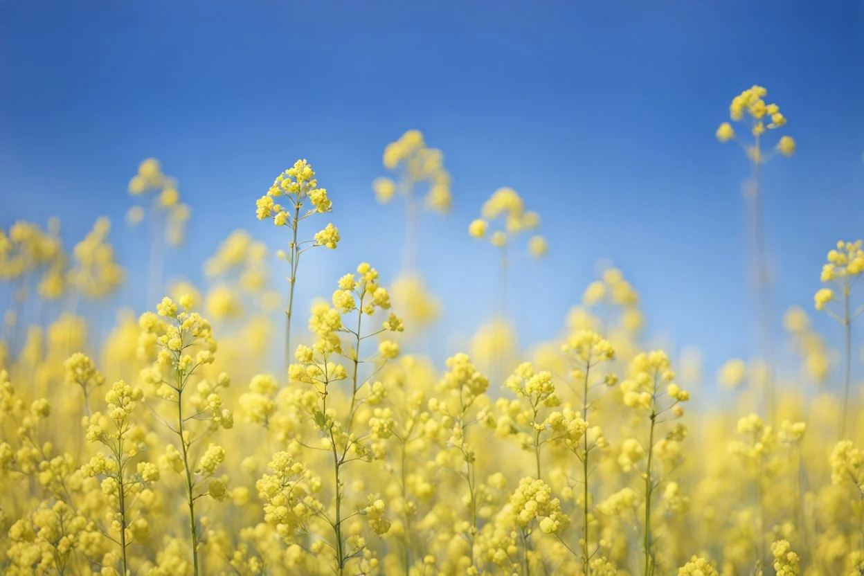 clear blue sky for top half, across Middle is canola flowers with green canola stems branches and leaves below, rapeseed sharp focus, realistic