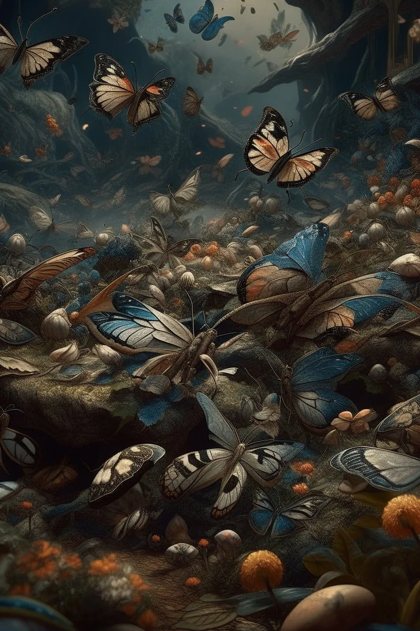 Bosch nightmares paint inf style Title: "Butterflies, farm, snakes and Flowers" Butterflies,intricate insanely detailed octane render trending on artstation, 8k artistic photography, photorealistic concept art, soft natural volumetric cinematic perfect light, chiaroscuro, award-winning photograph, masterpiece, oil on canvas, Raphael, Caravaggio, Greg Rutkowski, people, beksinski, Giger