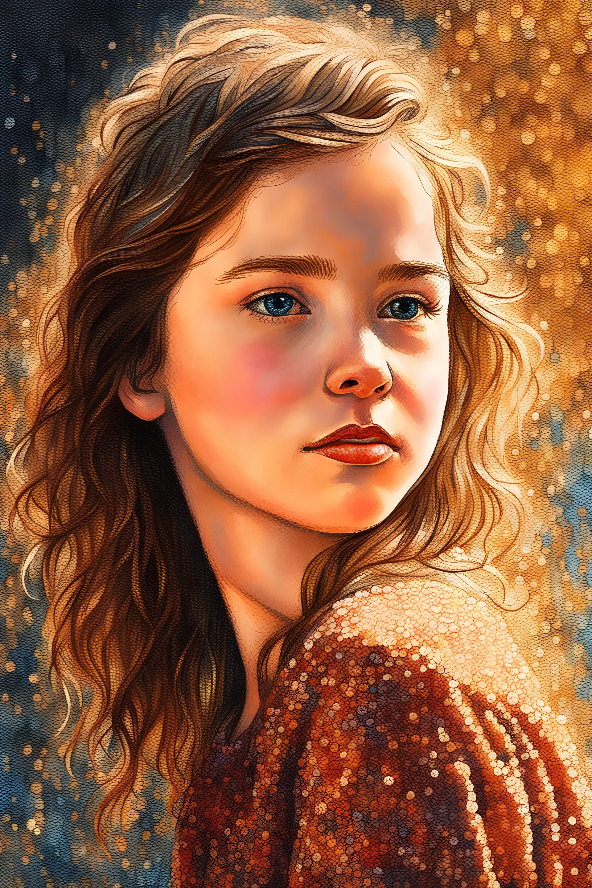 Portrait of girl impressionist painting, pointillism art. close up.hyper detailed, trending on artstation, sharp focus, studio photo, intricate details, highly detailed.