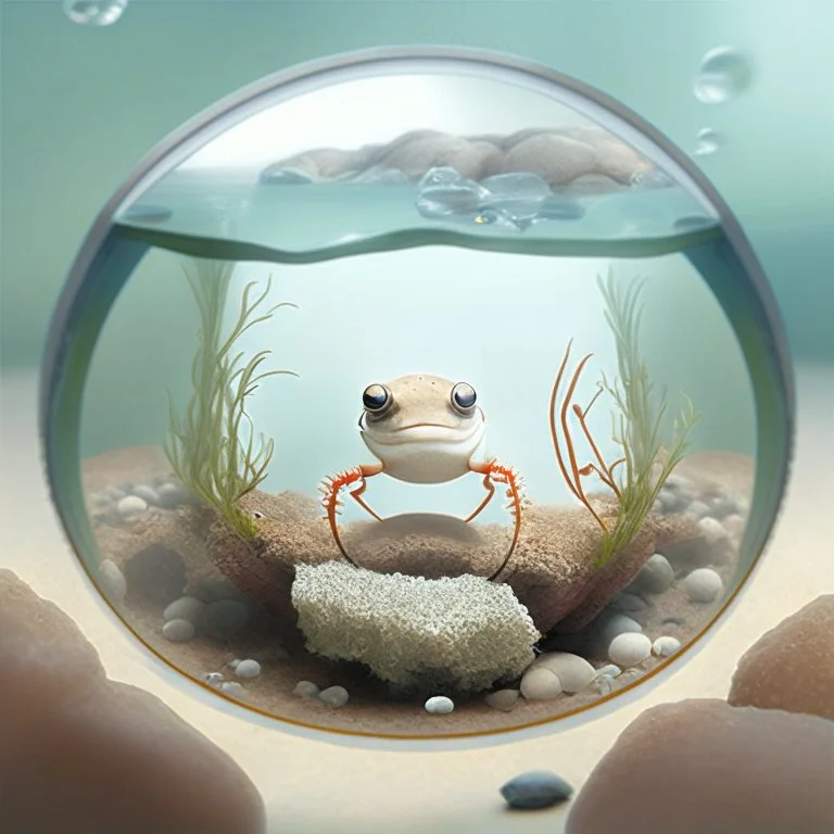 A cute little crab in a small circular fish tank.