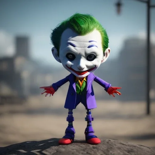 Joker toddler, robot, full body, tokio background, dramatic lighting, hyper realistic, unreal engine 5, 8k