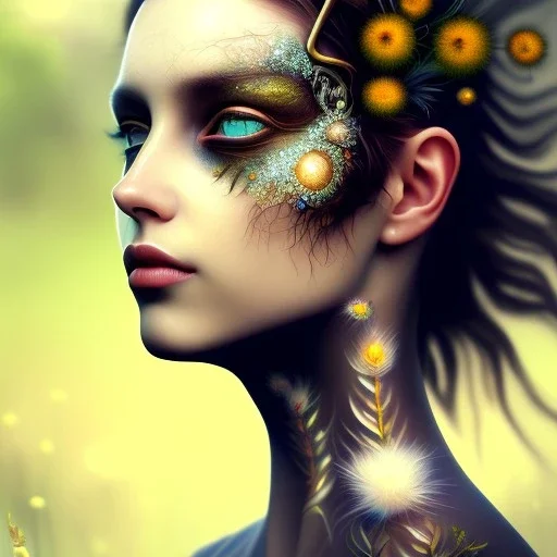 Portrait of beautiful girl, face dept of field,face shining, plant, metal, feathers, Dryad, fae, sidhe, ominous, nature, plants, wildflower sparkle,wildflower 3d view, facepaint, dnd character portrait, intricate, oil on canvas, masterpiece, expert, insanely detailed, 4k resolution, retroanime style, cute big circular reflective eyes, cinematic smooth, intricate detail , soft smooth lighting, soft pastel colors, painted Renaissance style,sharp fucus, bokeh,macro lens, 1500mm lens