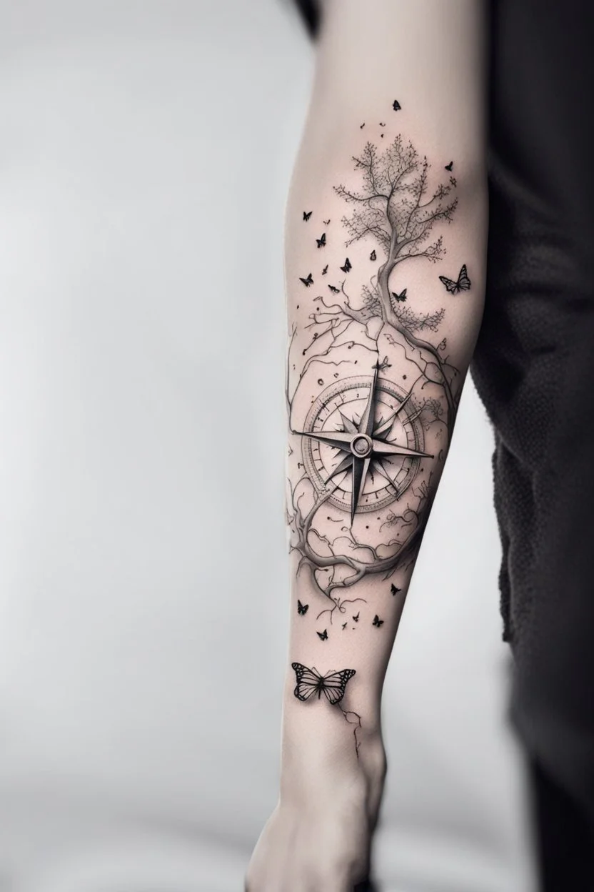 compass tattoo tree butterfly