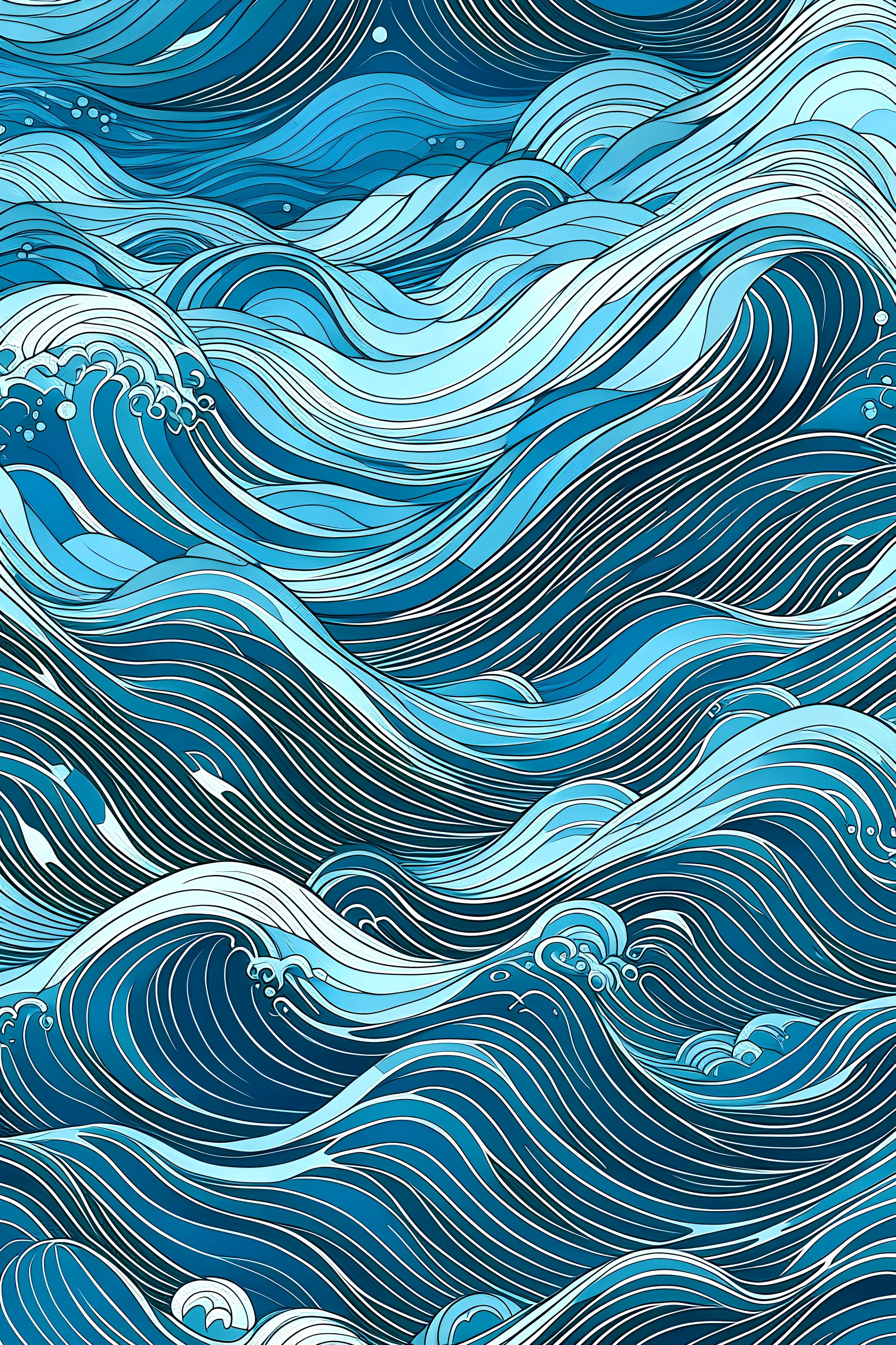 The illustration depicts a seamless wave pattern stretching across the page. Waves of varying sizes and shapes overlap and cascade downwards, creating a dynamic and fluid composition. The waves transition from darker shades of blue at the bottom to lighter shades towards the top, mimicking the depth and movement of the ocean. Small details like foam and bubbles can be found within the waves, adding depth and realism to the scene.