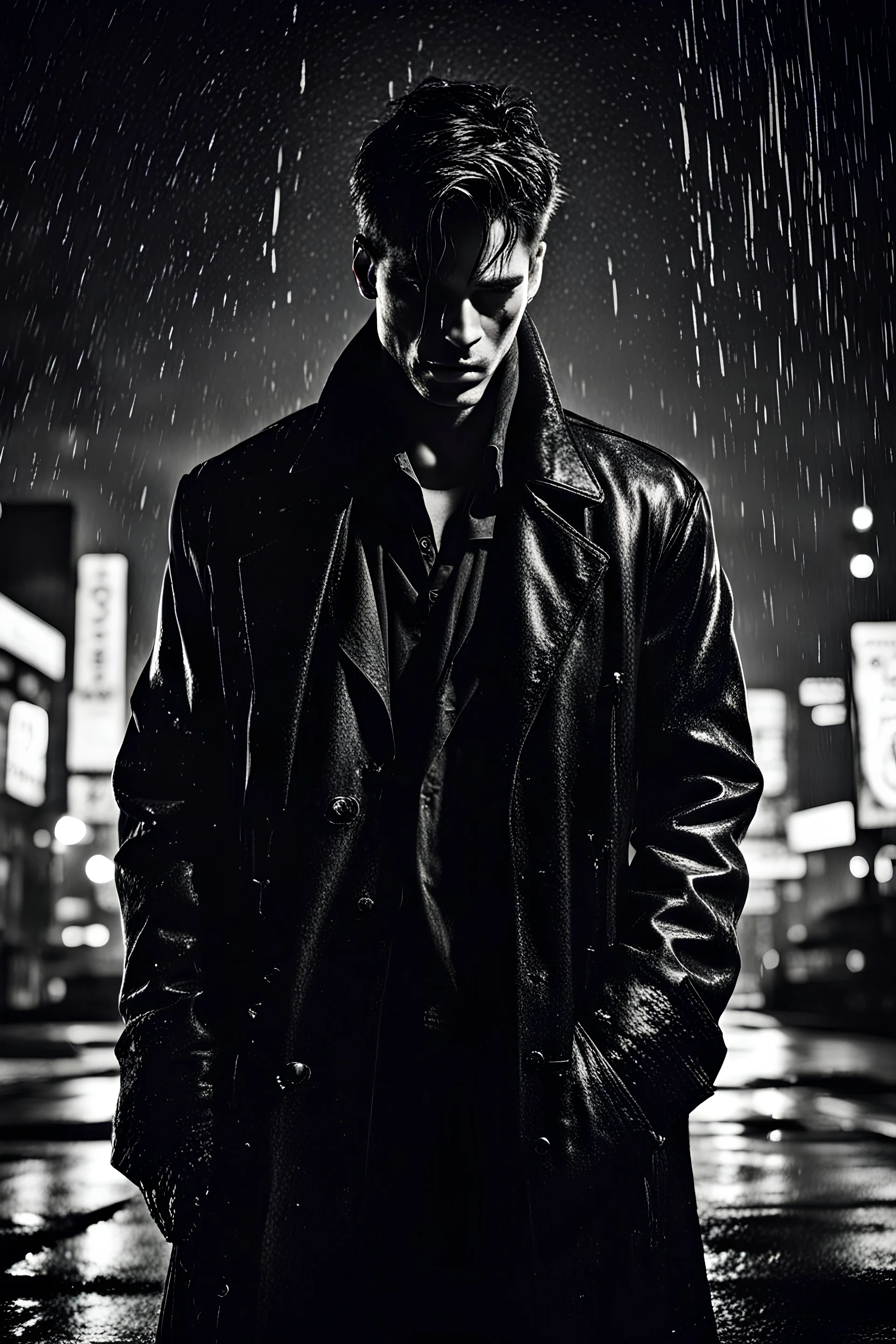 Sin city, killer dripping blood, night full of stars, savage, Alone, mysterious, hidden face, clam and relaxed, killer, leather long coat, male,