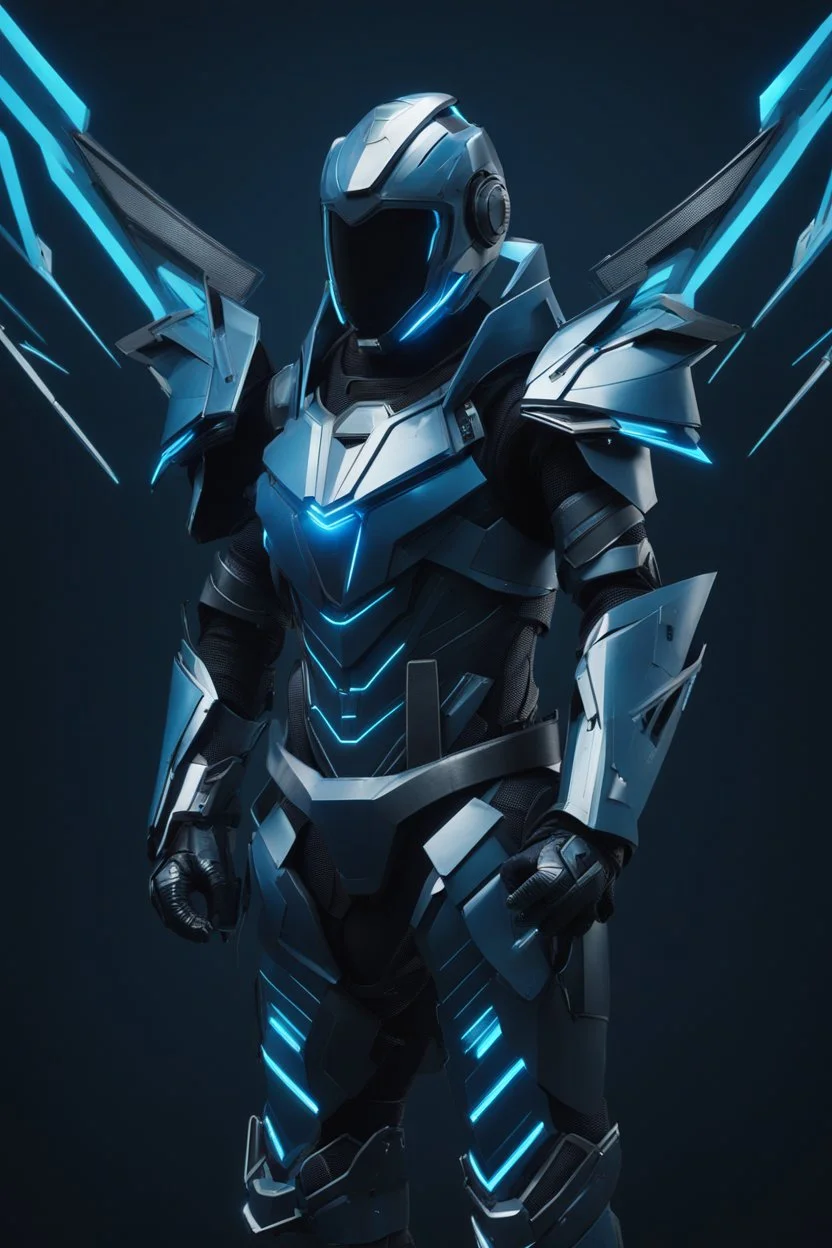 neon blue, flying parts of armor in form of triangles, cyber armor, geometric patterns on armor, male, orbiting triangle, armor drones