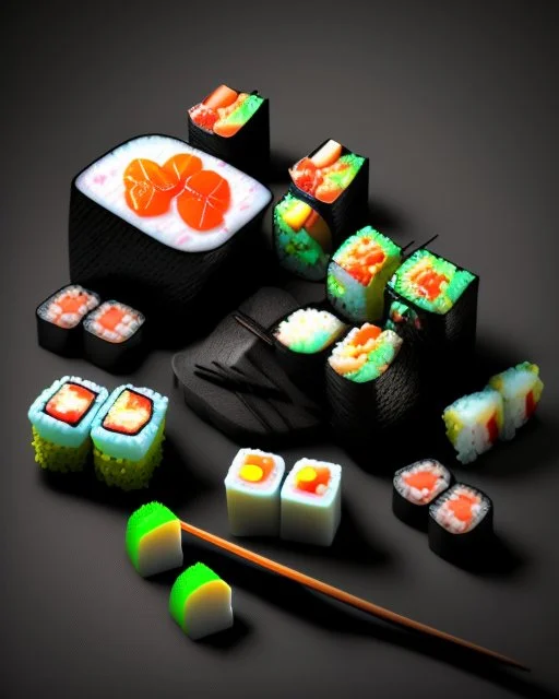 sushi on black background. Photography Realistic photo. HD. Glowing. 3d style