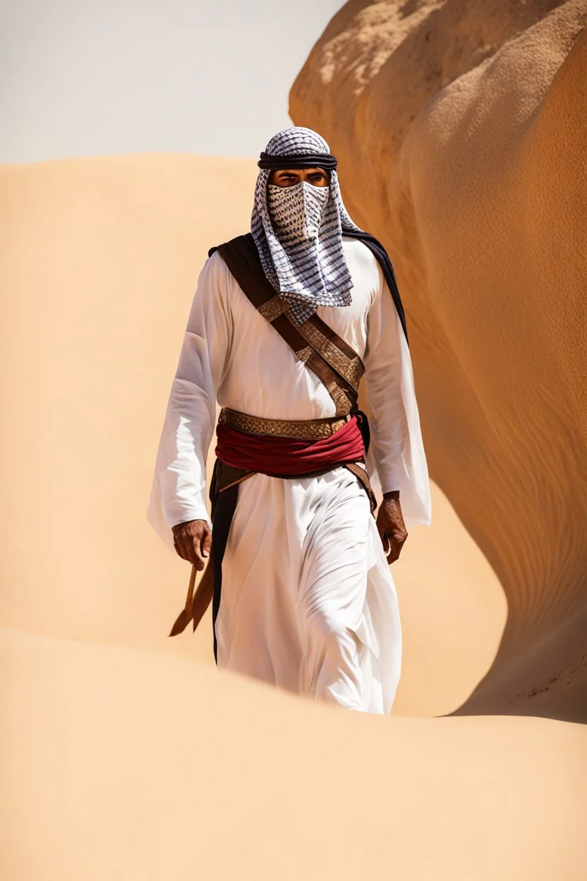 Photography Misterius Arabian Warrior Man Mask Walking alonely on desert