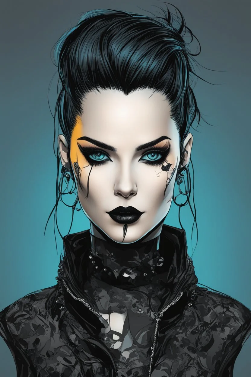 Create a wild, imaginative, goth punk girl with highly detailed facial features, in the vector graphic style of Nirak1,Christopher Lee, and Cristiano Siqueira, utilizing simple shapes , vibrant colors, 3d vector