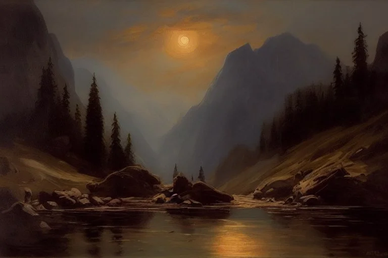 mistery night, mountains, rocks, river, epic, gothic and dark, wilfrid de glehn, friedrich eckenfelder, and anna boch impressionism paintings