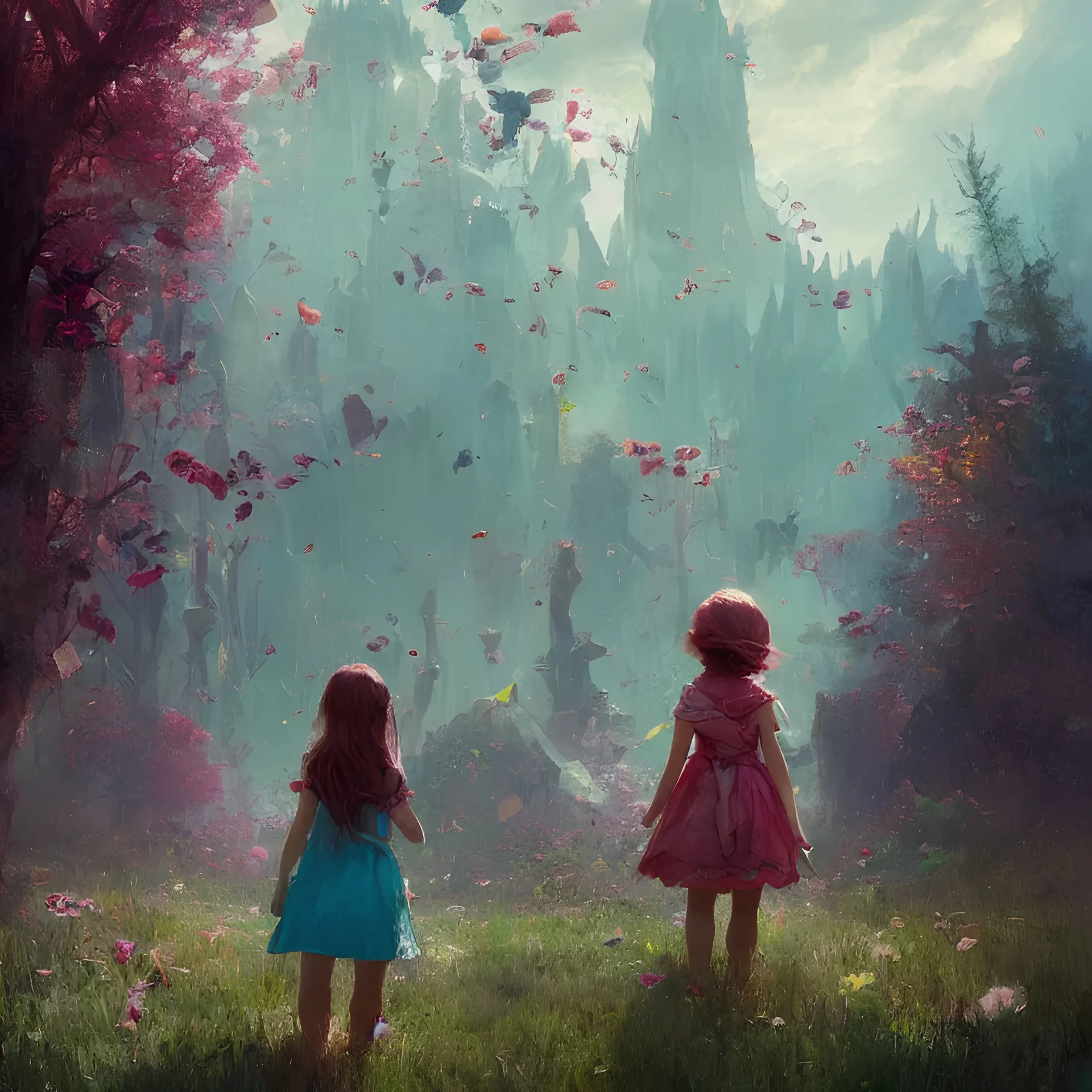 portrait of a little girl in the middle of a beautiful fantasy and colourful world by Greg Rutkowski, midjourney ai style