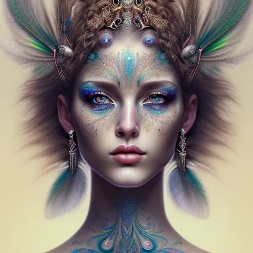 perfect woman portrait , perfect eyes, peacock feathers, face tattoo, curly hair, earrings, nature, plants, wildflower, facepaint, intricate, oil on canvas, masterpiece, expert, insanely detailed, cinematic smooth, intricate detail, soft smooth lighting, painted Renaissance style