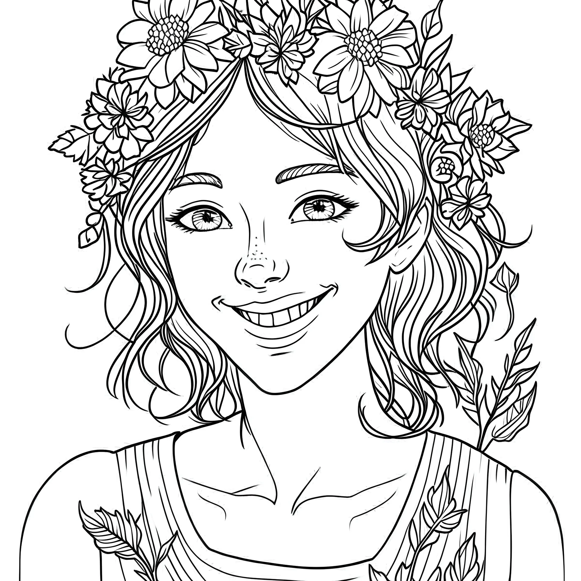 outline art for square smily face woman flowers crown coloring page for kids, classic manga style, anime style, realistic modern cartoon style, white background, sketch style, only use outline, clean line art, no shadows, clear and well outlined