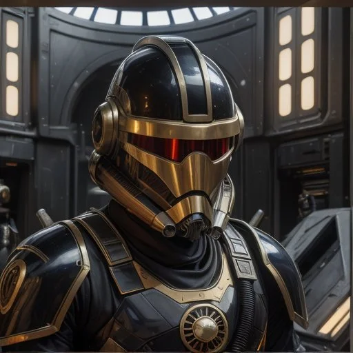 star wars bald male corellian pilot wearing pearlescent black and gunmetal grey First Order special forces heavy assault stealth commando armor and helmet with gold trim inside the jedi temple, hyperdetailed, dynamic lighting, hyperdetailed background, 8k resolution, volumetric lighting, light skin, fully symmetric details