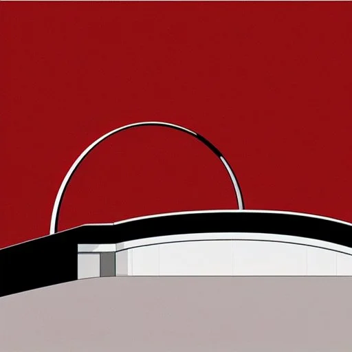 Draw an lineal illustration of a red and white country house, oval and round shapes, modern, minimalist style, ultra quality, detailed, Zaha Hadid style, Zaha Hadid style