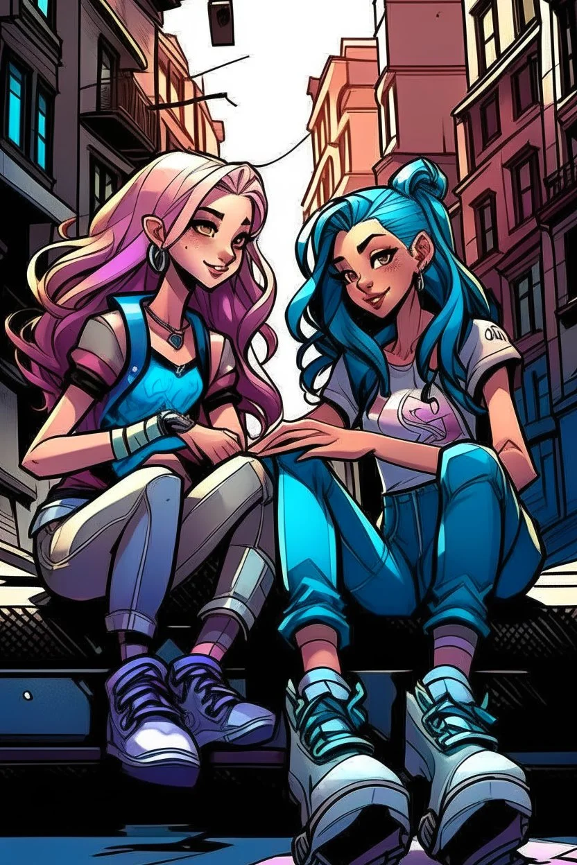 çizgi roman tarzıiki kız beraber sokakta oturuyorlar yaşları daha büyük liseliler daha renkli kızlardan birinin saçı kabarık diğerininki ise biraz uzun geniş açı ikisininde vücudu tam görünsün 2 boyutlu çizgi roman tarzı koyu gölgelendirme ayakları düzelt 3 boyutlu biraz daha üç boyutlu 3 boyutlu