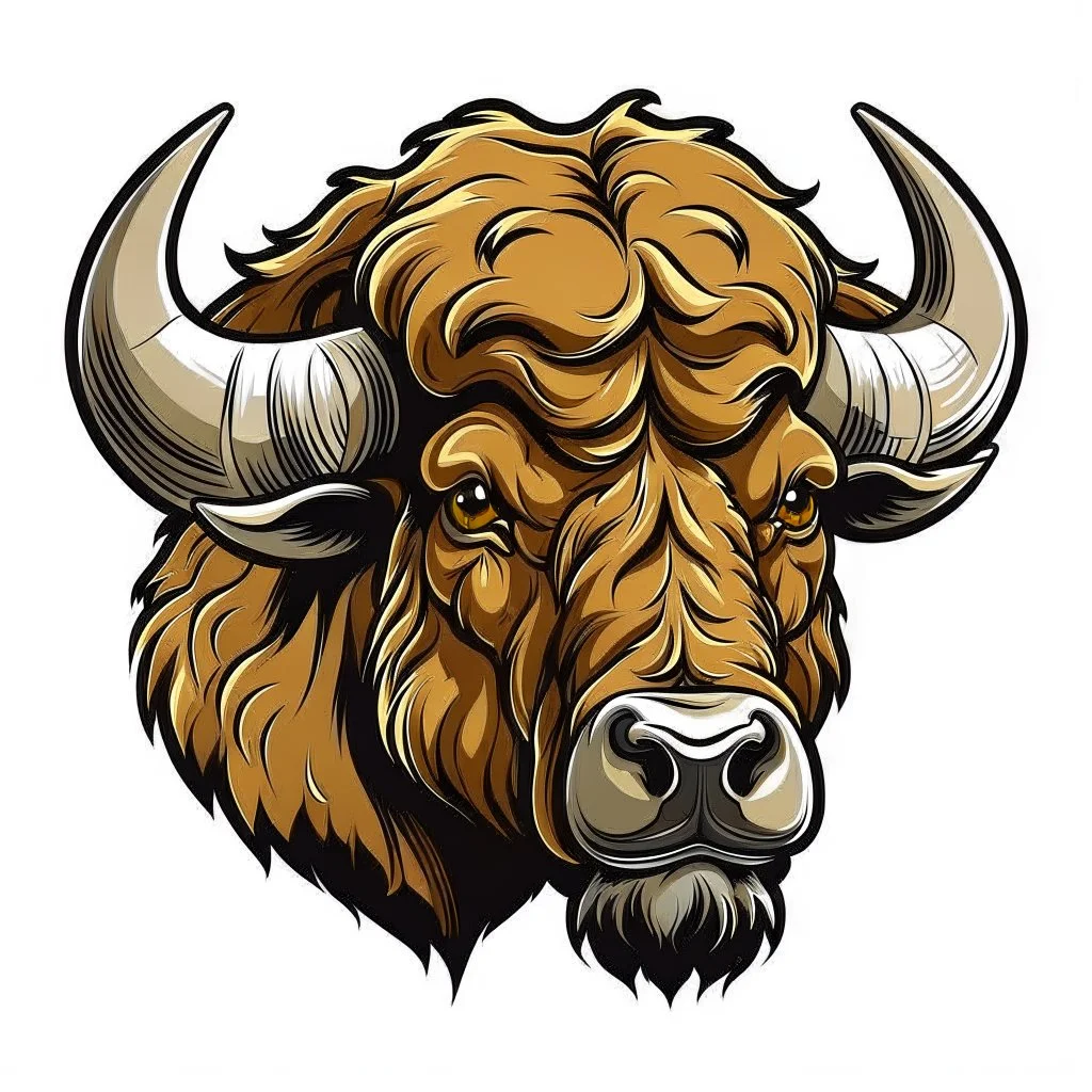 angled view of the head of a Canadian bull bison buffalo, sports mascot style