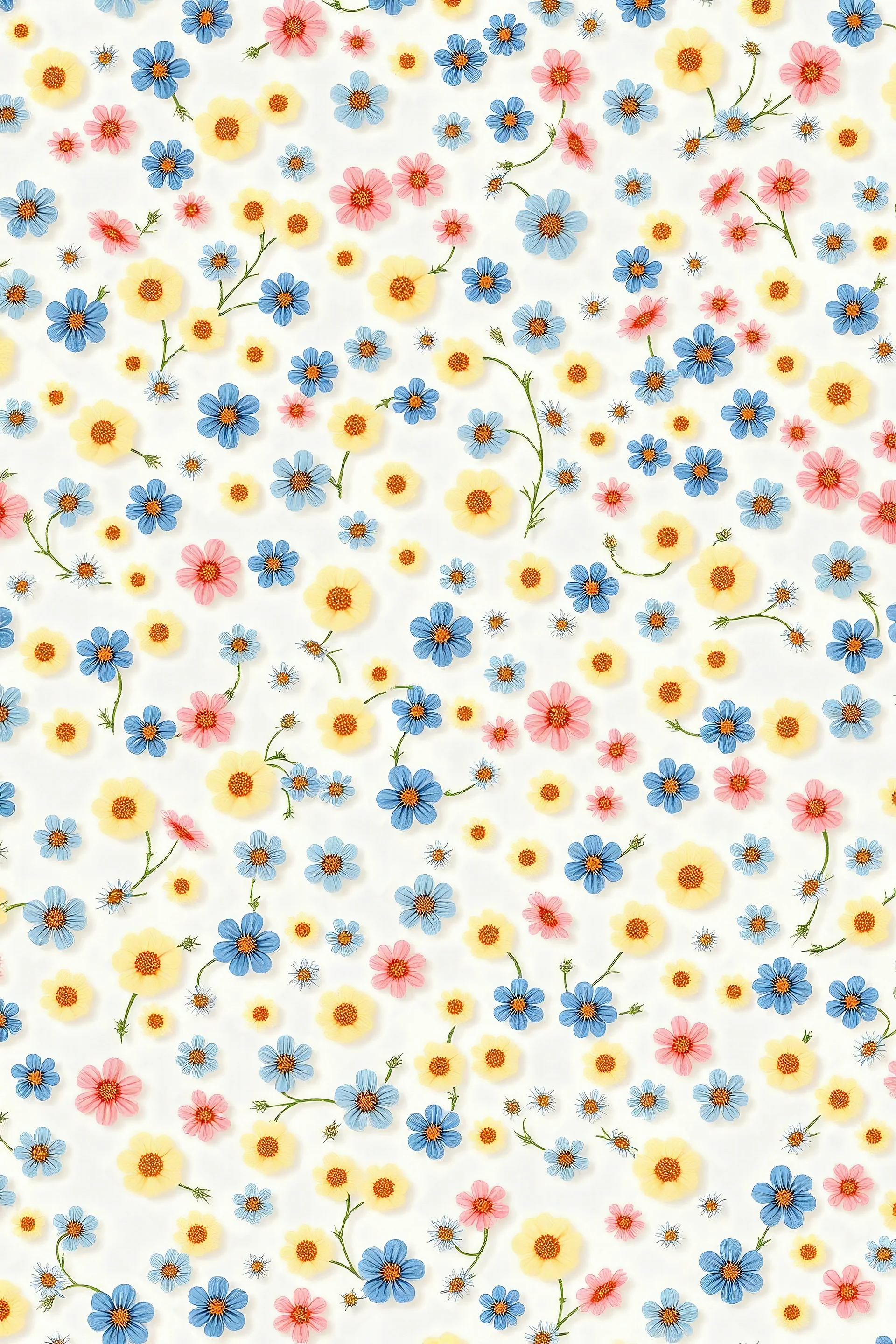 Retro floral pattern in small decorative flowers. Small blue, yellow pink flowers. White background. Ditsy print. Floral seamless background ditsy pattern in small cute wild flowers.