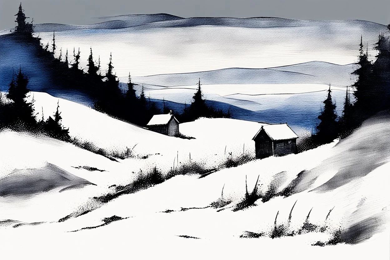 snowy land with a lone pale weather-beaten cottage, (heavy snowing:2), acrylic paint, minimal art, low colors of steel gray, snow white and black, sparse pale cobalt tint leak, wild brush strokes, hard winter, storm dynamics, great wind diagonals, gloomy mountain skyline