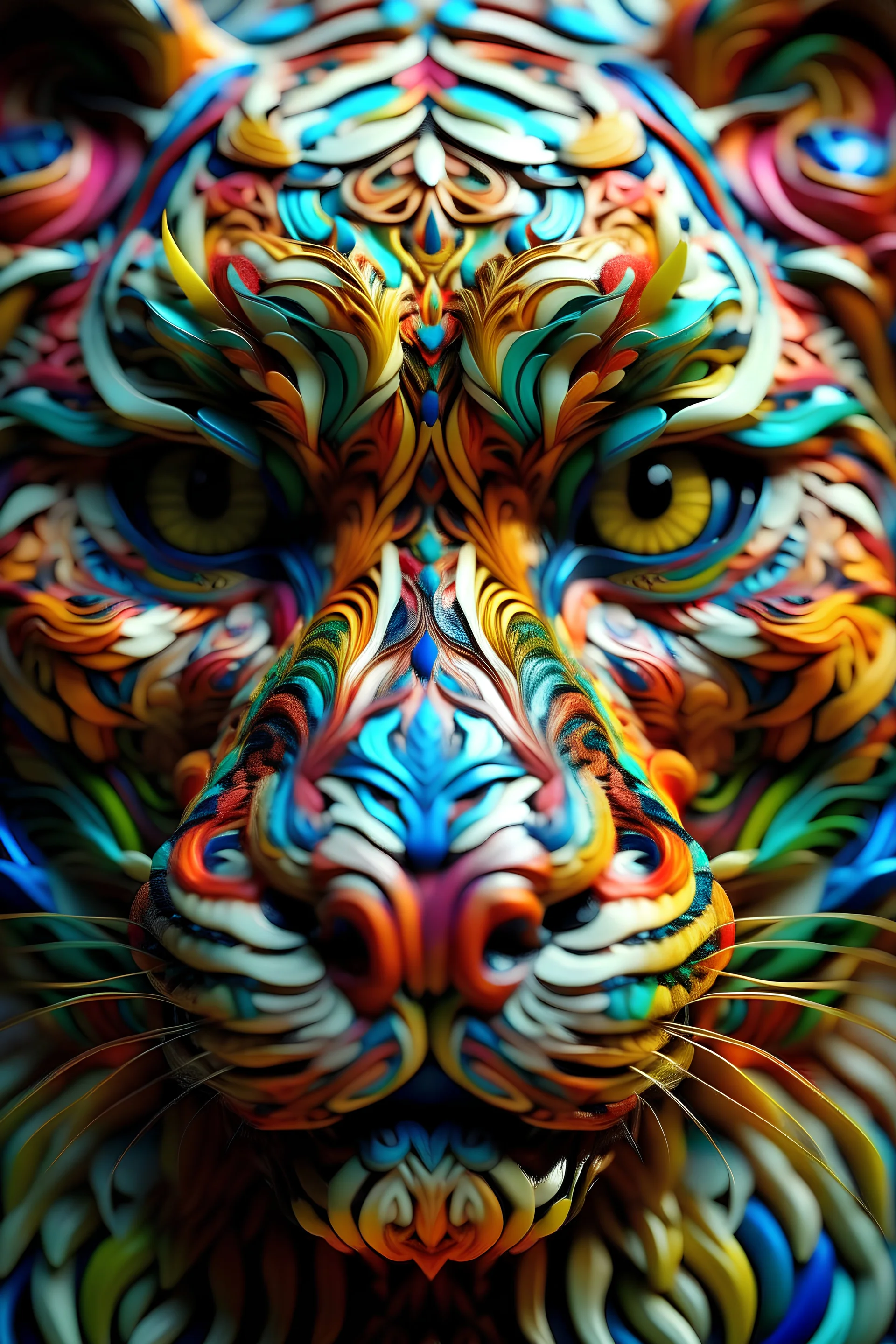 colourful ornate decorative man as a tiger face,closeup, twisting, abstract psychedelic, 8 k, artstation.