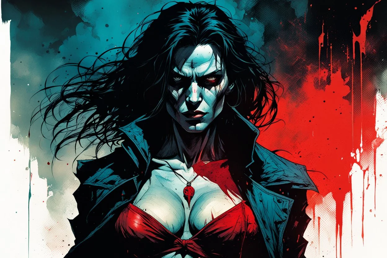 create a highly ethereal, sinister full body portrait illustration of a ragged Brujah female vampire , with highly detailed and deeply cut facial features, in the comic art style of FRANK MILLER and BILL SIENKIEWICZ, searing lines and forceful strokes, precisely drawn, boldly inked, with gritty textures, vibrant colors, dramatic otherworldly lighting