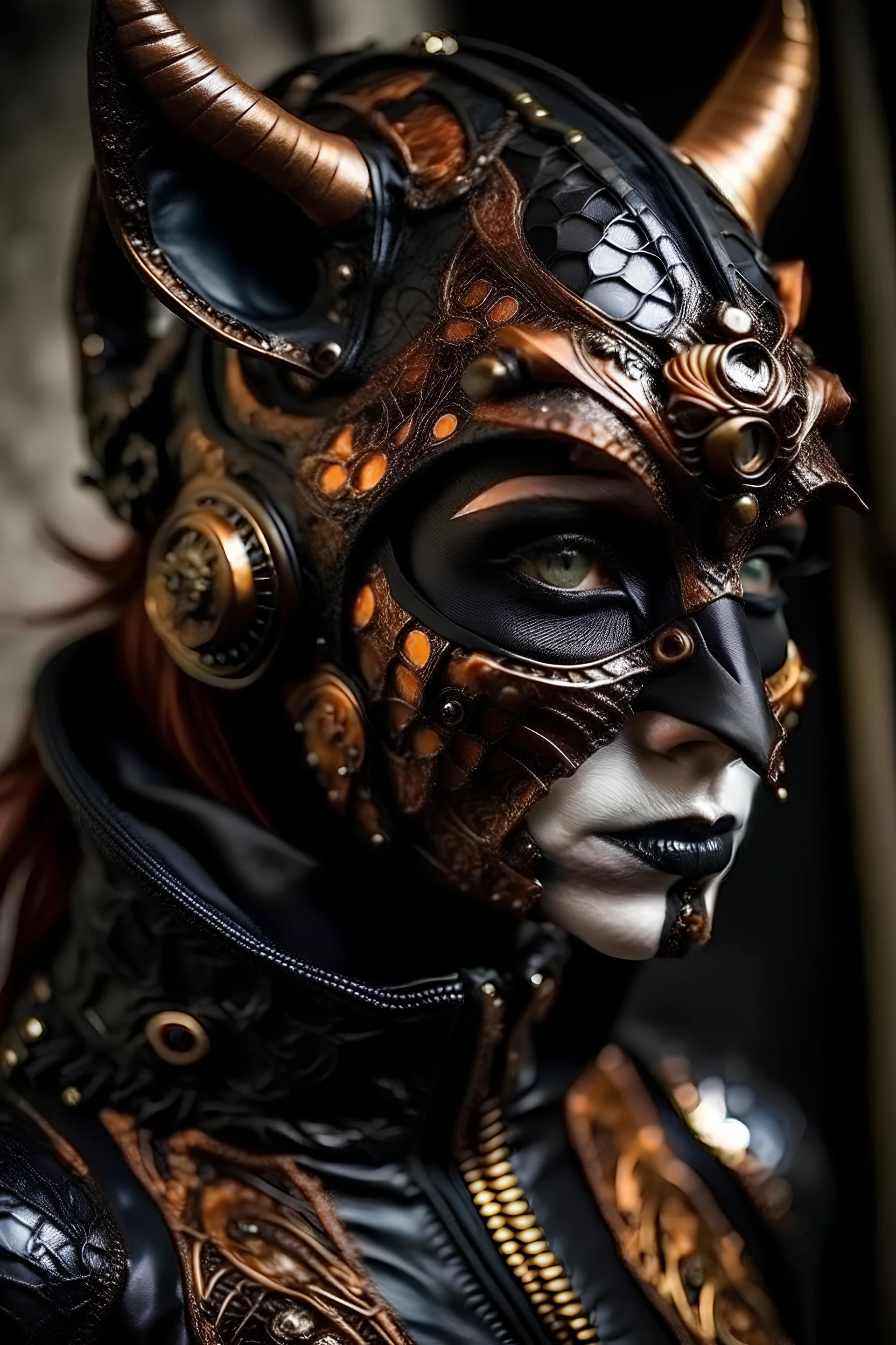 beautiful faced young black catwoman gothica decadent adorned with filigree bronze patinated dust textured goth decadent black leather filigree ribbed catwoman hat rheaddress wearing gothica decadent copper and platina colour gradient goth vantblack steel lace ribbed leather jacket embossed art nouveau florals,orange agate white onix stone pearls ornated dress jacket organic bio spinal ribbed detail of gothic style decadent rainy background extremely detailed hyperrealistic gothica portrait