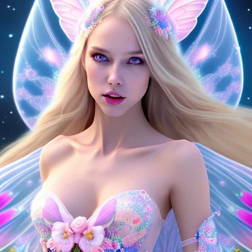 beautiful, soft, big smile face, whole head, long straight blonde hair blues eyes, crown on the head, clothing in transparent bluish and pink veil,fairy wings on the back, background brillante bluish and pink, hight definition, 8K