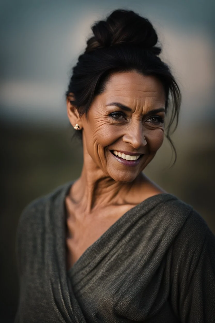 Portrait of a 50 year old Olive skinned woman, dark hair with hints of grey pinned up in a loose bun, happy expression