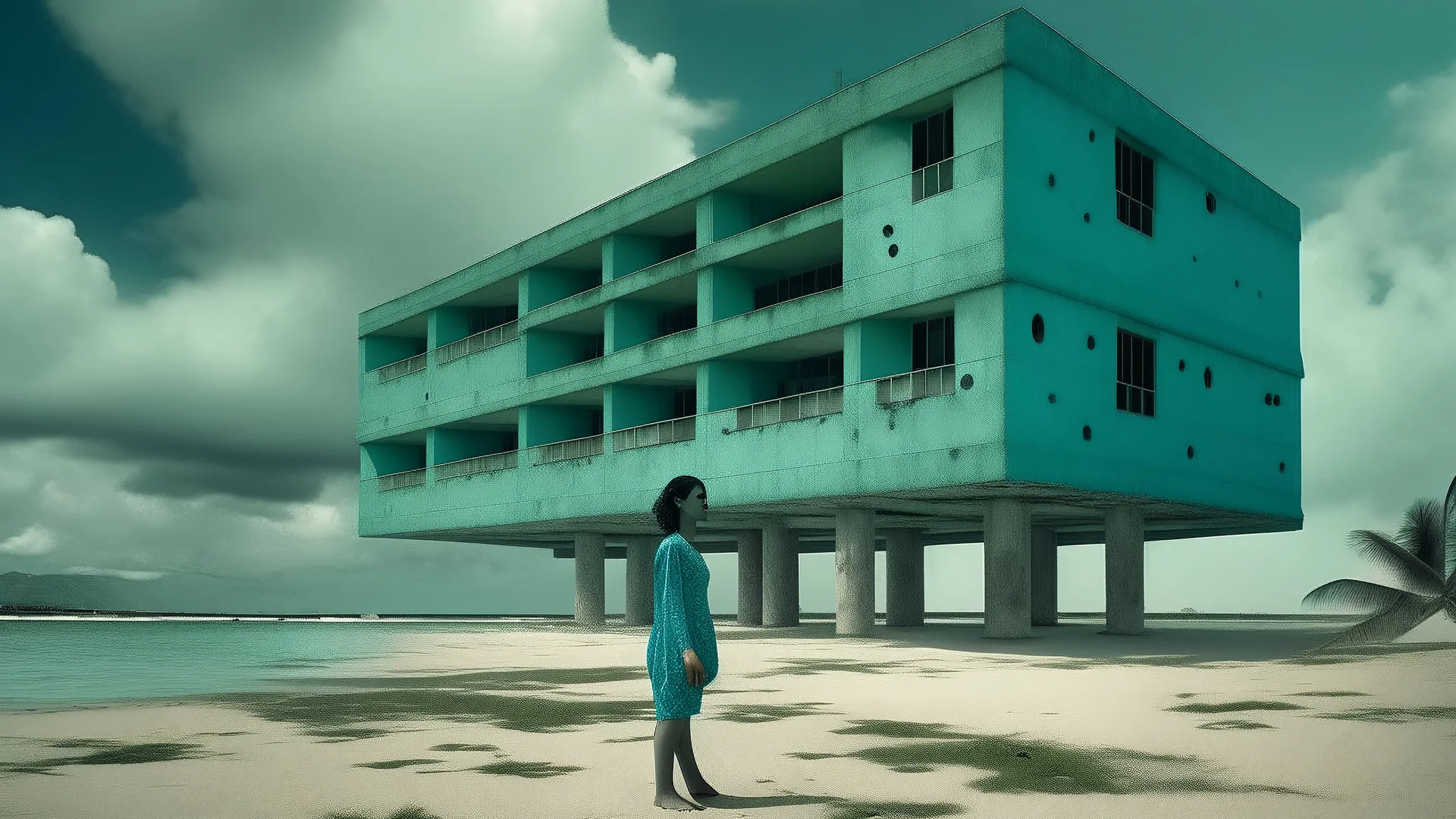 Modern concrete building with random holes in front of a pier, in a tropical setting., Tintype, Teal color, Partly cloudy, A woman stands at the base of the building.