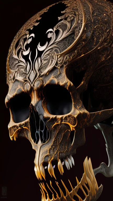 A beautiful highly detailed ornate intricate portrait of a flaming demon skull made of shiny obsidian glass :: reflective, glassy :: subtractive lighting, backlit :: by John William Waterhouse, Greg Rutkowski, HR Giger :: hyperrealistic, hyper detailed, photorealistic :: epic, incredible composition, amazing depth, meticulously composed, 16k resolution concept art :: fantasy magazine cover art