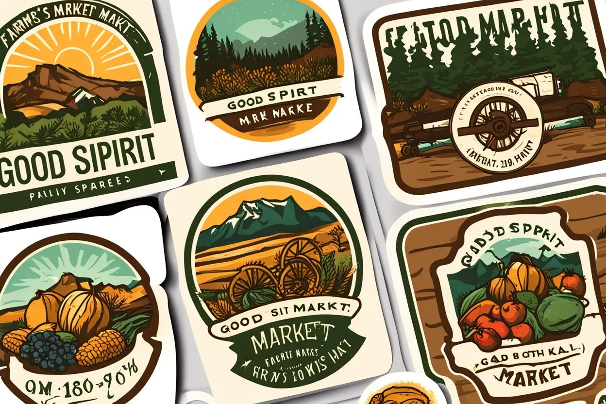 Stickers for a farmer's market "Good Spirit Market" in a national parks sticker style