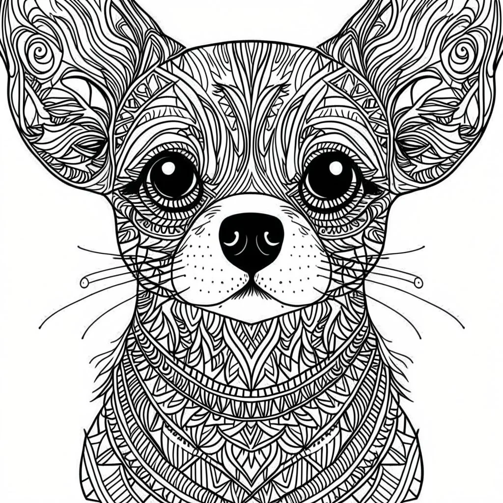 Chihuahua, front view, mandala, minimal lines, cartoon, white back ground color, real style, realistic, minimalistic, minimal black line art, line art, crisp line art, unique coloring sheet, outlined, outline, crisp, crisp line edges, illustration, thin lines, crisp clear lines, line art, clean line art, unique, 8k, amazing, masterpiece, no colors, no dark color, no black color, avoid thick black, minimalistic line edges, pure white back ground, image character full fit to page,