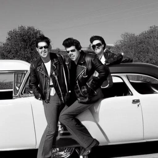 a 50s Greaser ROCK BAND standing in front of a hot rod