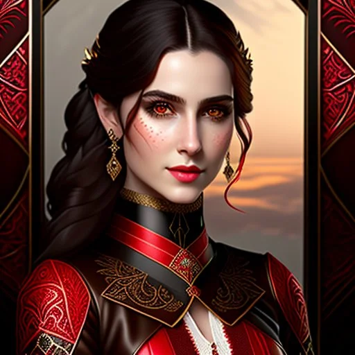 A headshot of a (((young woman with waist-length brown hair and pale skin))), featuring a (((fantasy setting))) with a dark color palette, including ((black)) and (((red))), with details like intricate patterns and ornate designs. She's dressed in sleek, (((leather))) garb, with (((red eyes))), a (((smirk))) that exudes both confidence and arrogance, evil, powerful