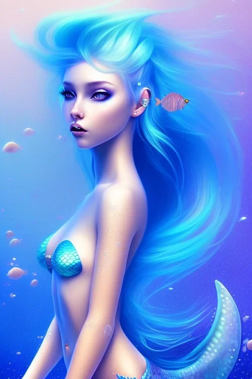 girl, cute, beautiful, mermaid tail, blue hair, underwater, glitter