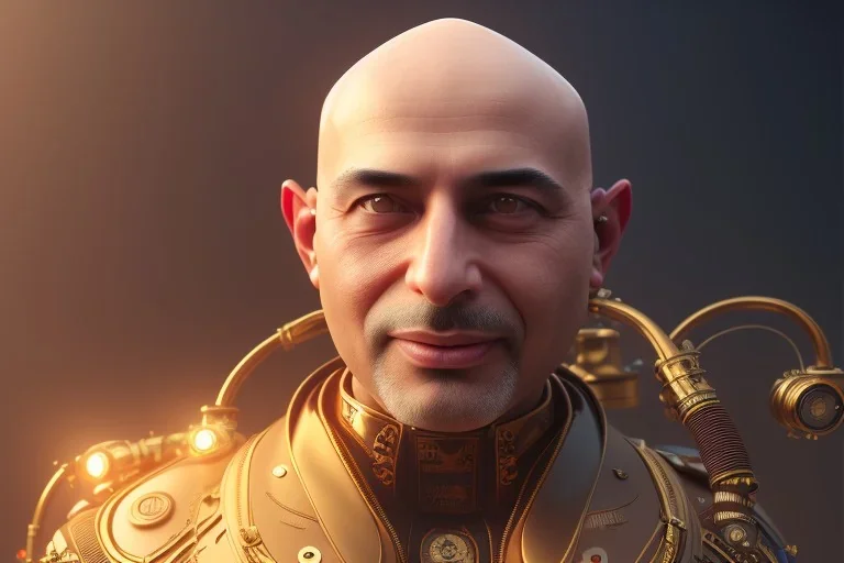 portrait of a bald and shaved Atul Bhardwaj, steampunk, brown eyes, no facial hair, steampunk, unreal 5, octane render, cinema4d, dynamic lighting, soft lighting, 4k, redshift render, highly detailed, hyper realistic