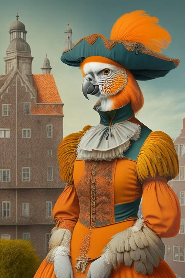 Female Half parrot half human in a 1700s Orange Dutch uniform next to a Dutch city