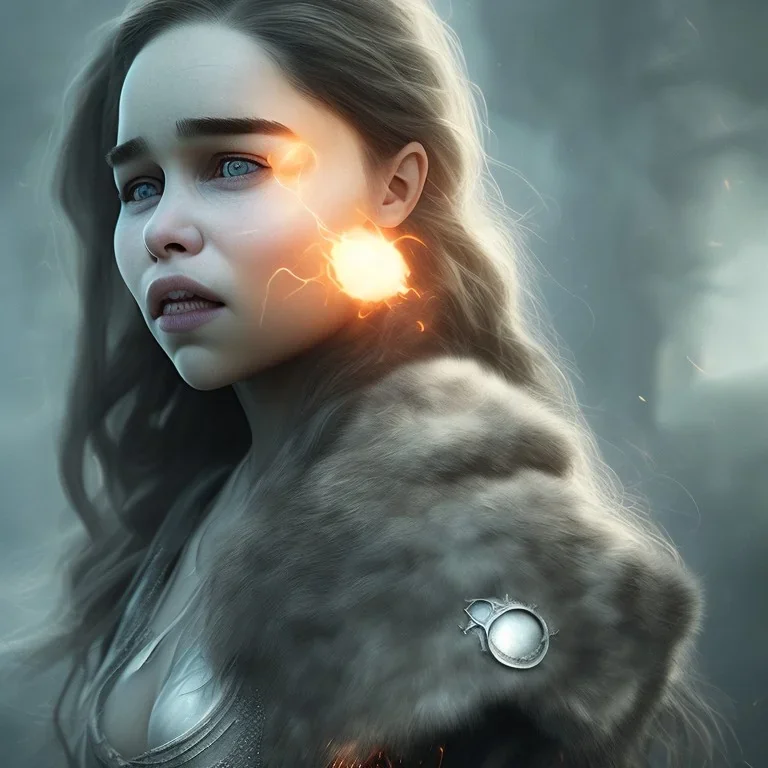 portrait perfect face emilia clarke, dragon armor, fog, particle fire, 8k quality, intricate, realism, detailed, fog and fire particles