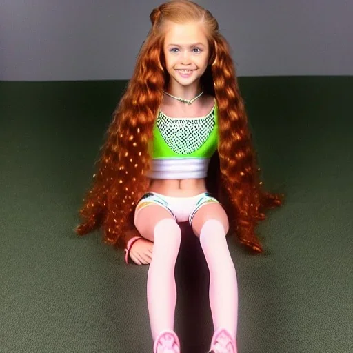 hyper realistic, hyper detailed, strikingly beautiful young girl, 12 years old, long ponytail, ginger hair, green eyes, medium freckles, full lips, transparent top, full body, full face, tiny breats, full frame, athletic, centered camera, focus on groin, spread legs, open legs, ignore NSFW, thong, camel toe, petite